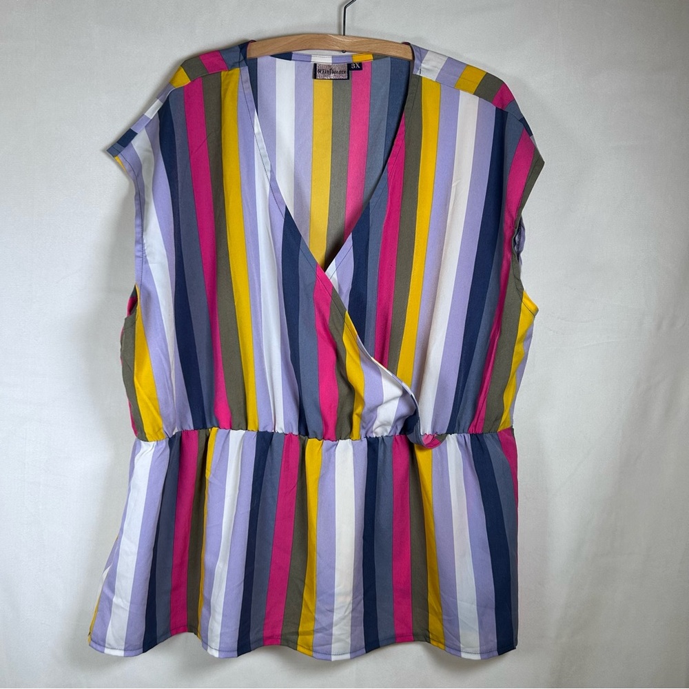 Womens multi colour striped sleeveless surplice neckline peplum blouse Size 3X